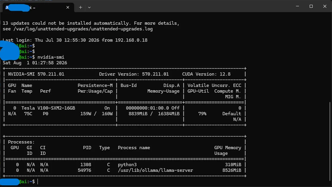 당시 160W로 전력 제한을 걸었던 nvidia-smi 출력. 온도 75도, 사용률 79%에서 안정적으로 도는 모습